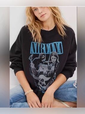 American Eagle Outfitters Black Crewneck with Blue Nirvana Graphic